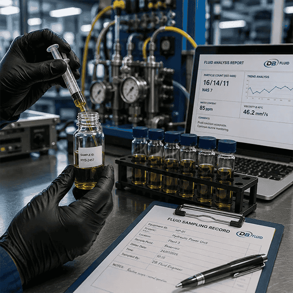 Taking a hydraulic oil sample for condition analysis